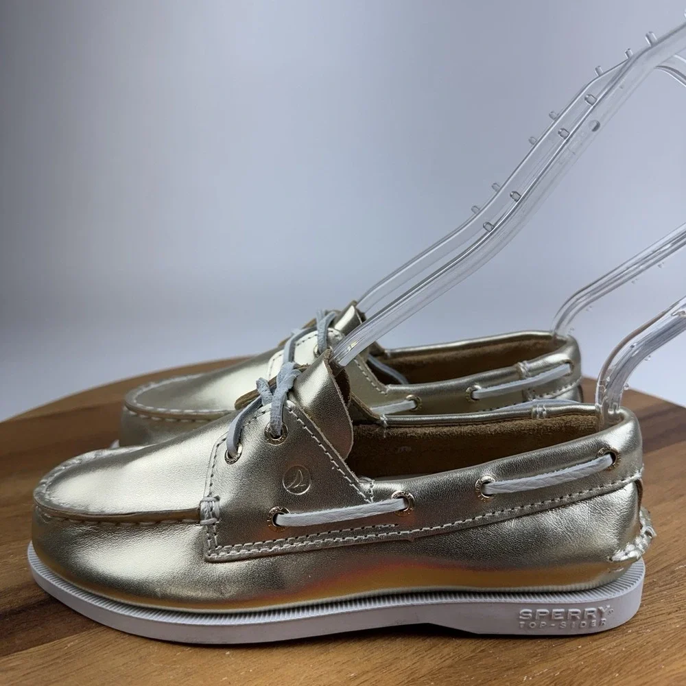 New Big Kids Sperry Top-Sider Authentic Original Gold Metallic Boat Shoes Size 2